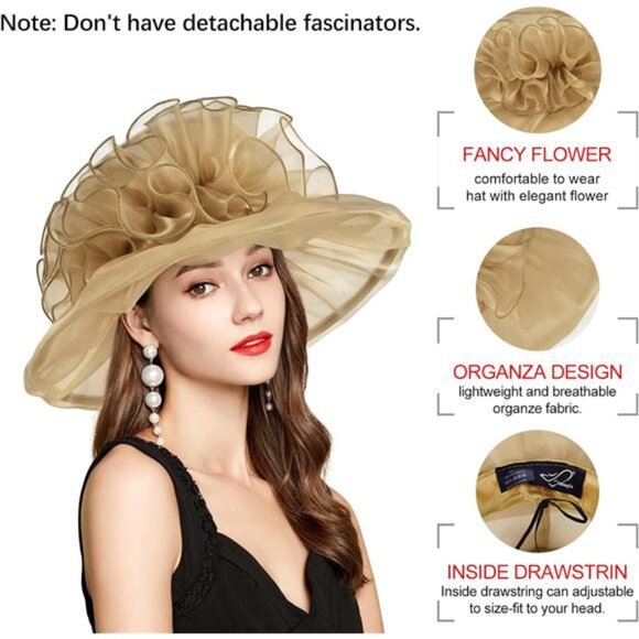 Derby Hats for Women, Classy Organza Sun Hat, Khaki